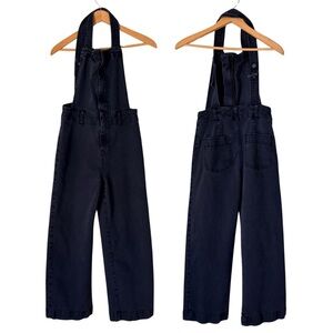Free People A Line Plunging Neck Dark Blue zipper adjustable Denim Overalls, 0